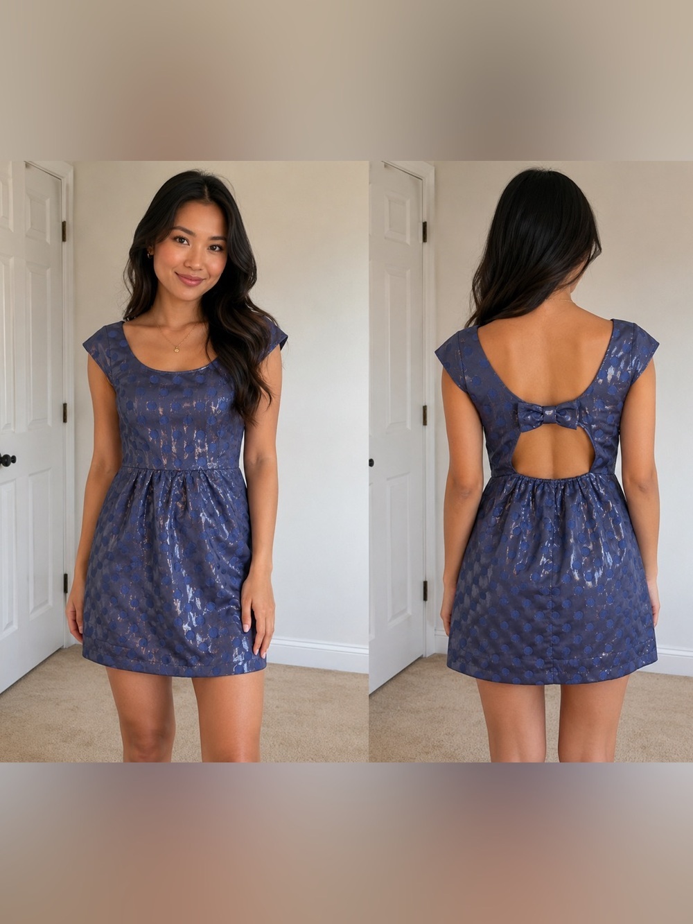 American Eagle Blue Shimmer Polka Dot Cutout Back Party Dress Size 10